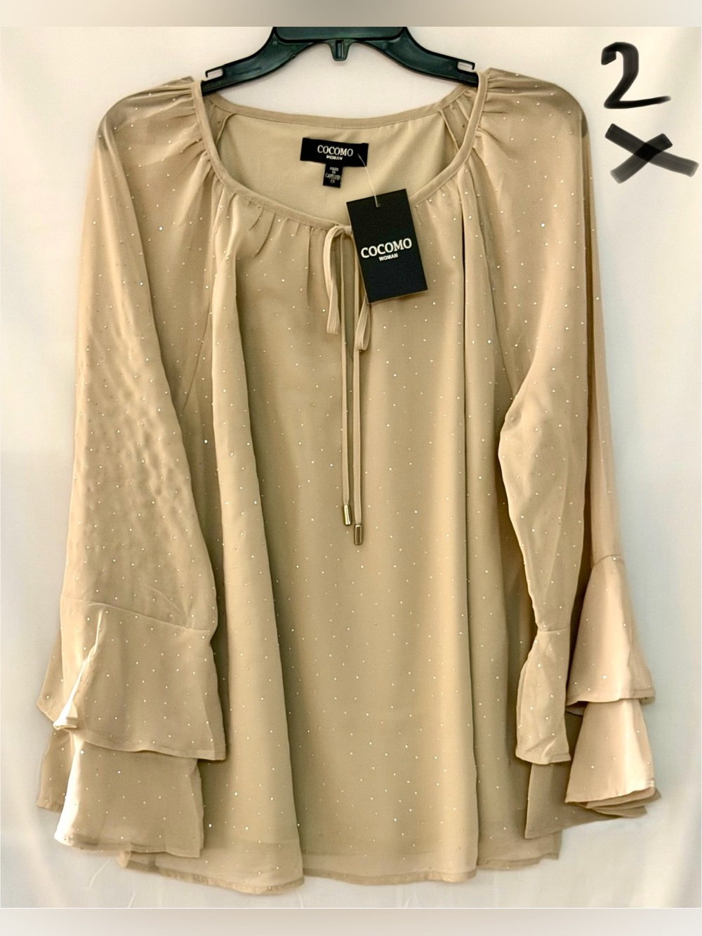 Cocomo Champagne Beaded Tie-Neck Bell Sleeve Blouse